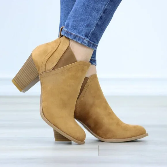 Block High Heeled Ankle Boots Brown Synthetic Suede Chelsea Cone - Picture 5 of 15